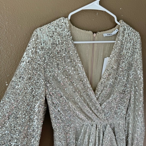 AMEN couture paillettes sequin beaded silver long sleeve mini dress NWT H - Picture 6 of 16